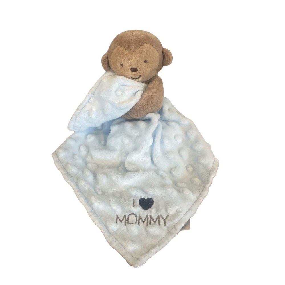 Carters Child of Mine Monkey Lovey Rattle Blue Minky Dot Satin I Love Mommy